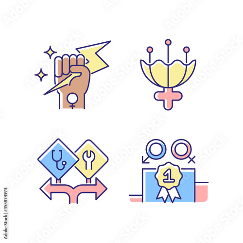 Women empowerment RGB color icons set. Female authority. Femininity attribute. Career option for girls. Enjoy equal rewards. Isolated vector illustrations. Simple filled line drawings collection