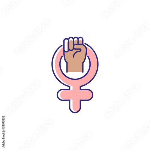 Female symbol RGB color icon. Pride in sisterhood. Clenched fist in venus sign. Self respect. Mental strength. Female power. Represent women. Isolated vector illustration. Simple filled line drawing