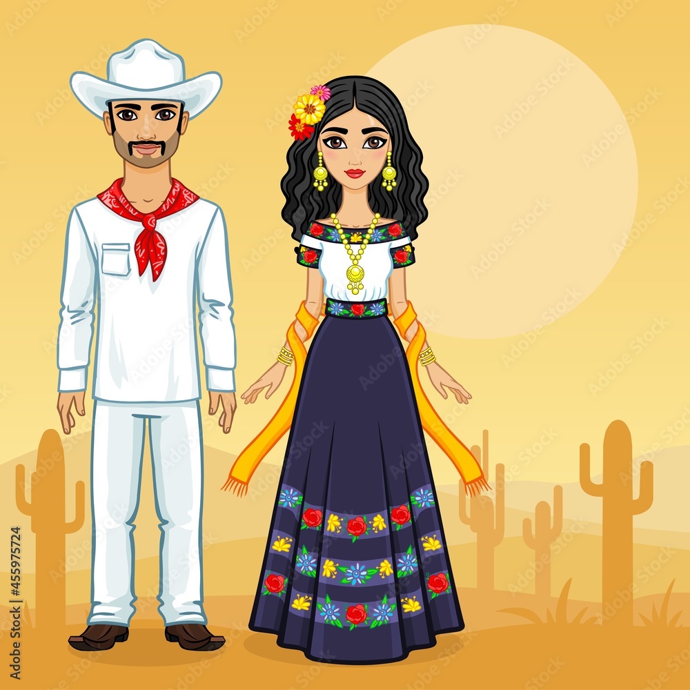 Animation portrait of the Mexican family in ancient clothes. Full growth. A background - a landscape the desert a cactus. Vector illustration.