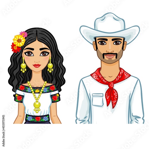 Animation portrait of the Mexican family in ancient clothes. The vector illustration isolated on a white background.