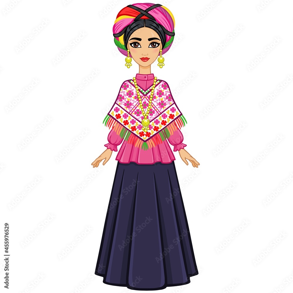 Animation portrait of the young beautiful Mexican girl in ancient clothes. Full growth. The vector illustration isolated on a white background.