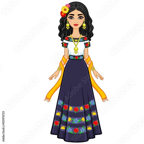 Animation portrait of the young beautiful Mexican girl in ancient clothes. Full growth. The vector illustration isolated on a white background.