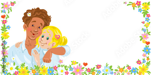 Young happy couple surrounded by flowers. Man and woman are hugging. Banner in cartoon style. Invitation card for wedding, holiday. Place for your text. Isolated on white. Vector illustration.