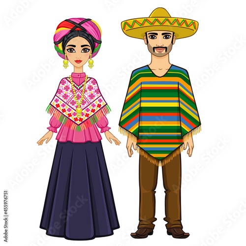 Animation portrait of the Mexican family in ancient festive clothes. Full growth. Vector illustration isolated on a white background.
