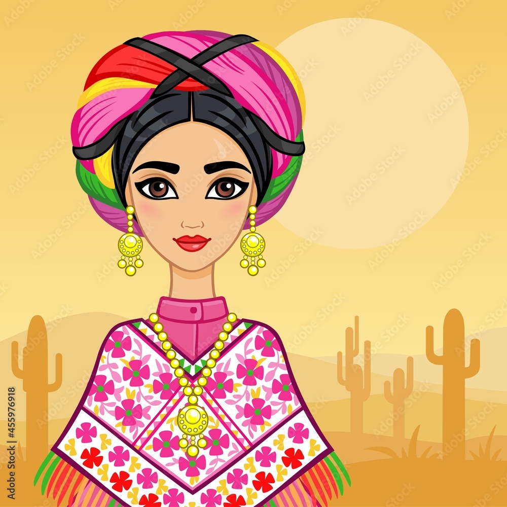 Animation portrait of the young Mexican girl in ancient clothes. A background - the desert with cactus. Vector illustration. A card, a poster, the invitation, the place for the text. Animation portrait of the young Mexican girl in ancient clothes. A background - the desert with cactus. Vector illustration. A card, a poster, the invitation, the place for the text.