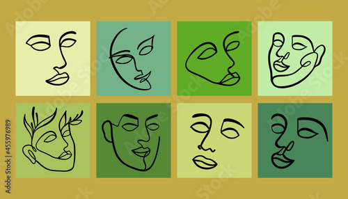 Green set of modern girl portraits with heads and faces, one continuous line, vector illustration