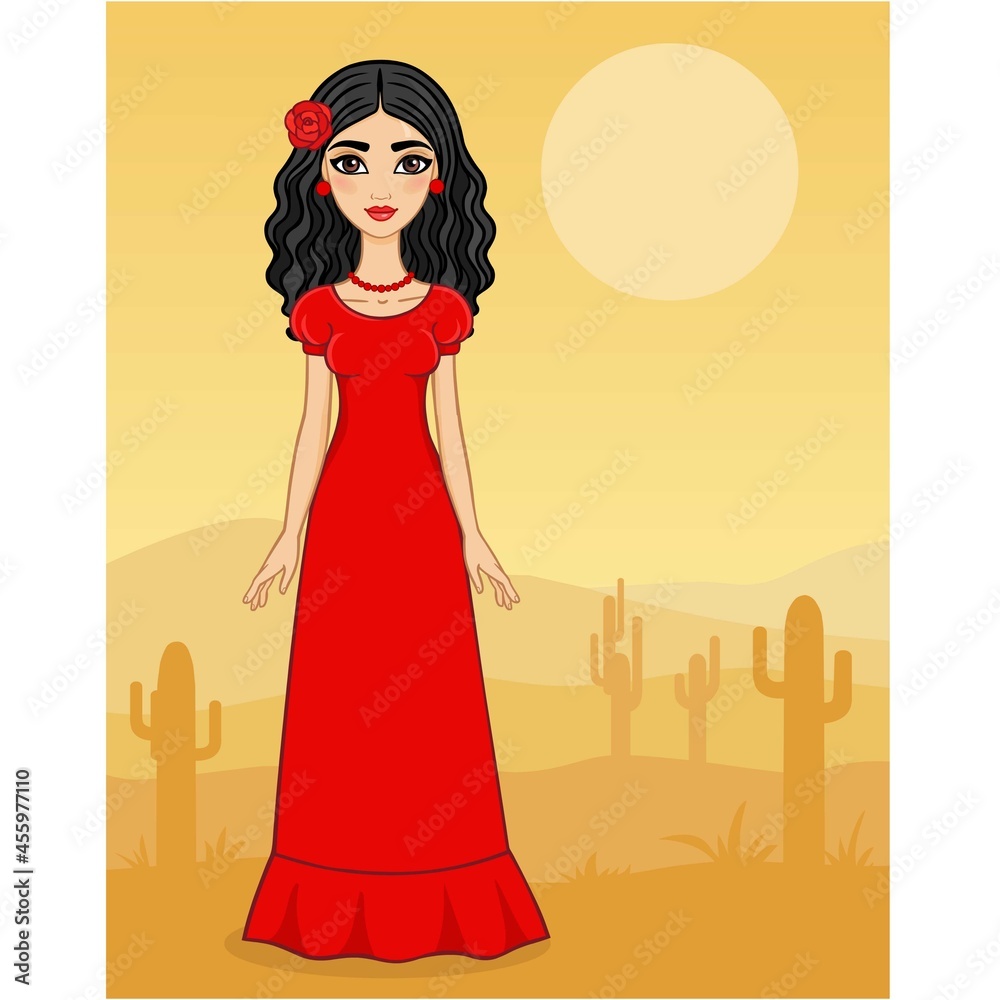 Animation Mexican girl on a desert background with cactuses. Animation Mexican girl on a desert background with cactuses.