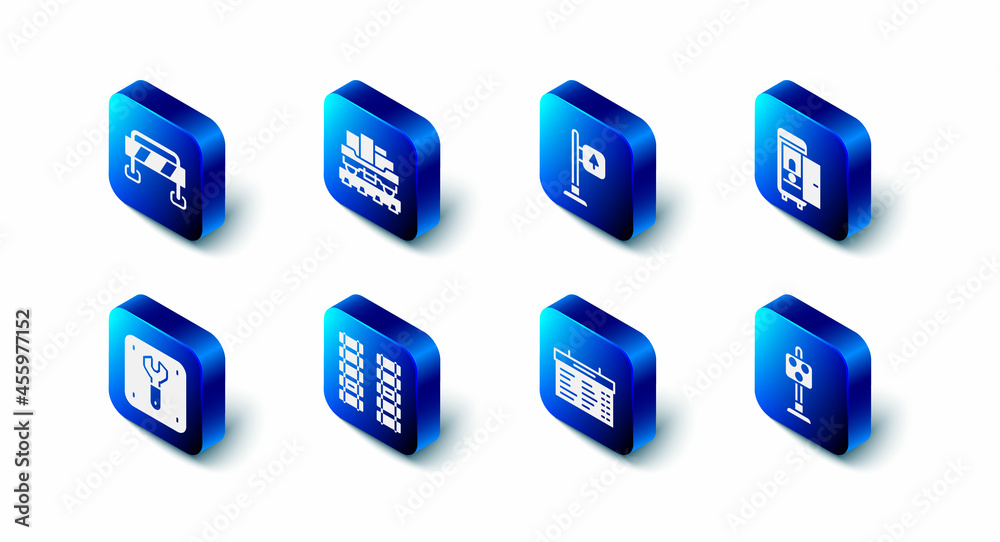 Set Cargo train wagon, Road traffic signpost, Toilet the car, Train light, station board, Railway, railroad track, Repair of railway and barrier icon. Vector Set Cargo train wagon, Road traffic signpost, Toilet the car, Train light, station board, Railway, railroad track, Repair of railway and barrier icon. Vector