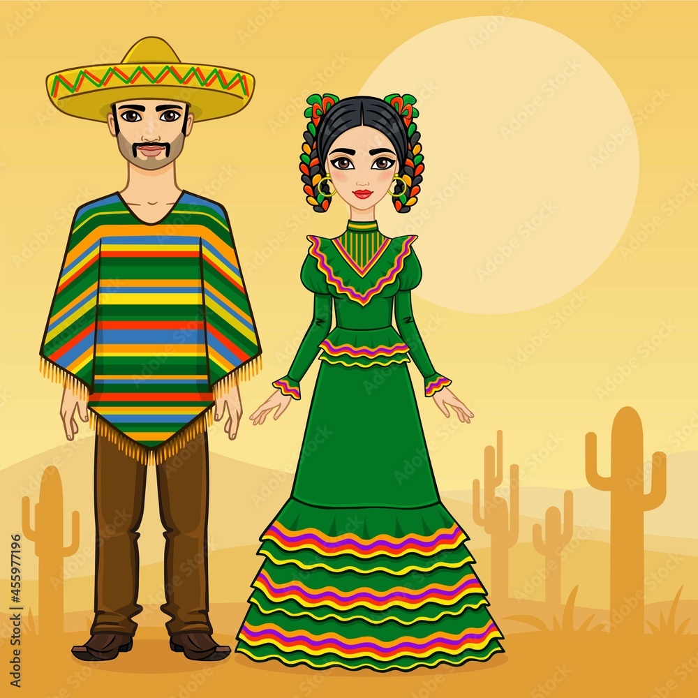 Mexican family in traditional clothes.Background the desert with a cactus.