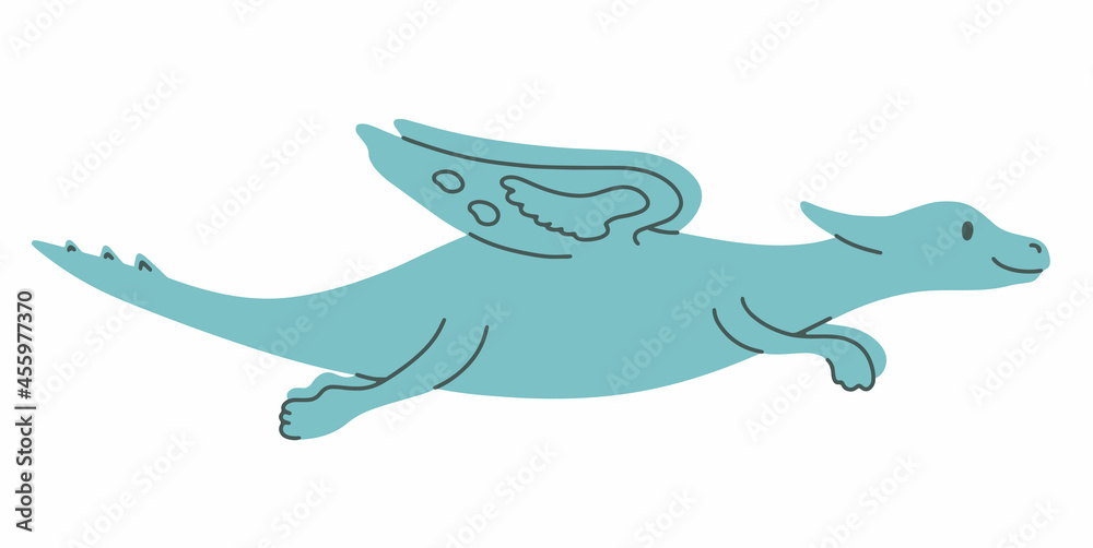 Obraz premium Blue dragon or dinosaur with wings flying across the sky on a white background. Hand drawn vector illustration. The image is in a simple flat style