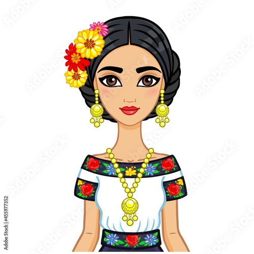 Animation portrait of the young beautiful Mexican girl in ancient clothes. The vector illustration isolated on a white background.