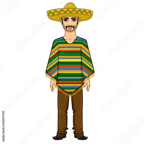 animation Mexican man in a poncho and a sombrero. Isolated on a white background.