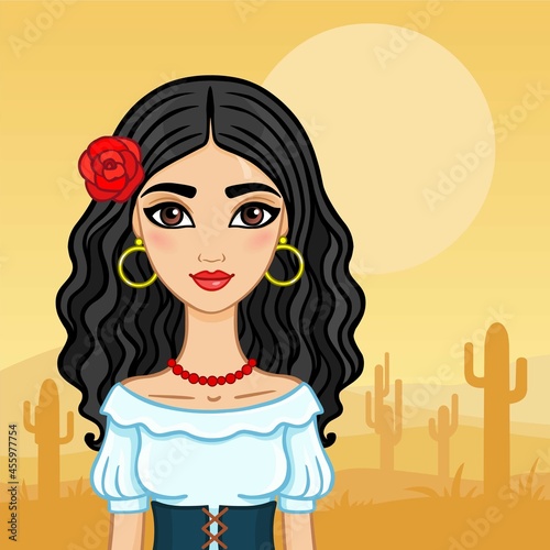 Mexican girl in the desert with cactus.