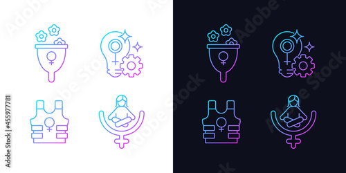 Modern feminism gradient icons set for dark and light mode. Fulfill female potential. Thin line contour symbols bundle. Isolated vector outline illustrations collection on black and white