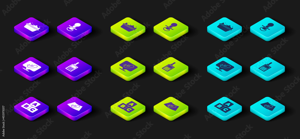 Set ABC blocks, Ultrasound of baby, Baby, Monitor Walkie Talkie, dummy pacifier and bathtub icon. Vector Set ABC blocks, Ultrasound of baby, Baby, Monitor Walkie Talkie, dummy pacifier and bathtub icon. Vector