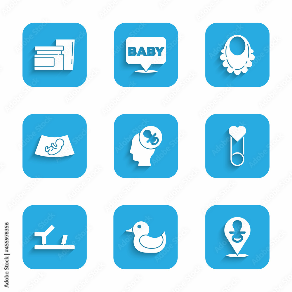 Set Baby dummy pacifier, Rubber duck, clothes pin, shoes, Ultrasound of baby, bib and food icon. Vector Set Baby dummy pacifier, Rubber duck, clothes pin, shoes, Ultrasound of baby, bib and food icon. Vector