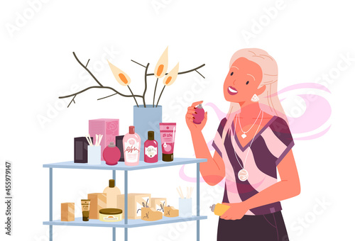 Girl in fashion perfume store vector illustration. Cartoon woman character holding spray cosmetics bottle to apply glamour fragrance, attractive lady in smell waves perfumery isolated on white