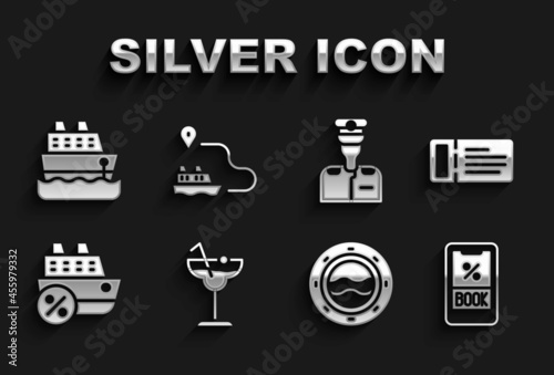 Set Cocktail, Cruise ticket, Ship porthole with seascape, ship, Captain of, and line path icon. Vector