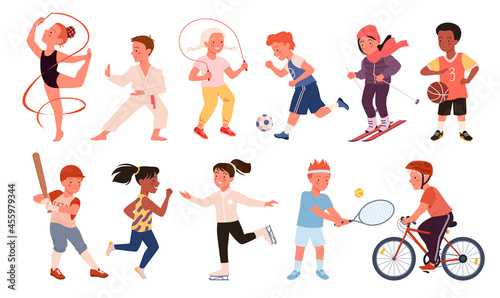 Kids doing sports exercises set vector illustration. Cartoon happy boy girl run, child play football soccer, baseball and tennis, jump rope, active young children characters isolated, sport school