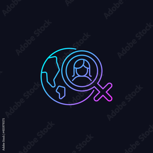 Global feminism gradient vector icon for dark theme. Achieve gender equality. Women rights movement across globe. Thin line color symbol. Modern style pictogram. Vector isolated outline drawing