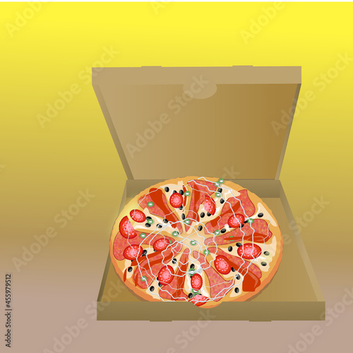 Pizza in a box with ham and all sorts of delicious toppings