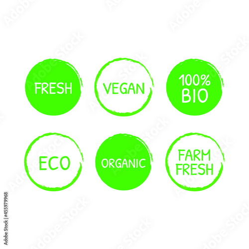 Vector green organic labels, bio emblems collection for menu or natural products packaging. Fresh vegan raw food eco friendly premium quality locally grown healthy food stickers on white. 