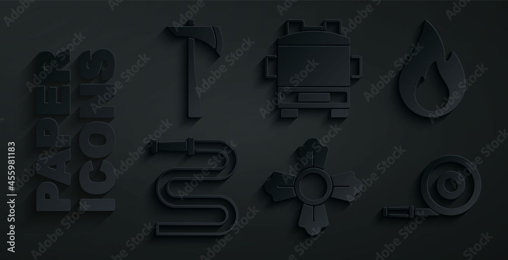 Set Firefighter, flame, hose reel, truck and axe icon. Vector