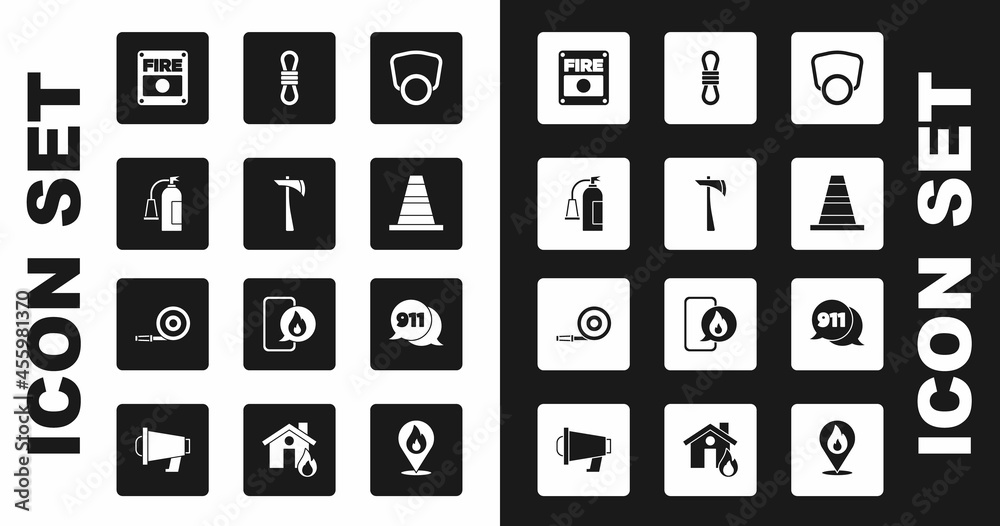 Set Gas mask, Firefighter axe, extinguisher, alarm system, Traffic cone, Climber rope, Telephone call 911 and hose reel icon. Vector