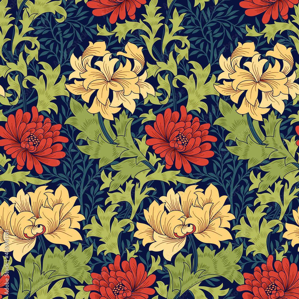 Floral seamless pattern with big red flowers on dark blue background. Classic colors. Vector illustration. Floral seamless pattern with big red flowers on dark blue background. Classic colors. Vector illustration.