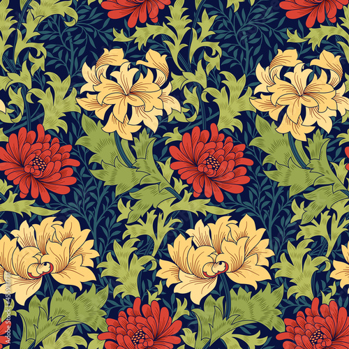 Floral seamless pattern with big red flowers on dark blue background. Classic colors. Vector illustration.