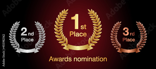 Awards logotype set. First, second, third place symbol. Metal gradient shining collection. Decorative congrats. Tradition greeting. Round palm. Cup elements.