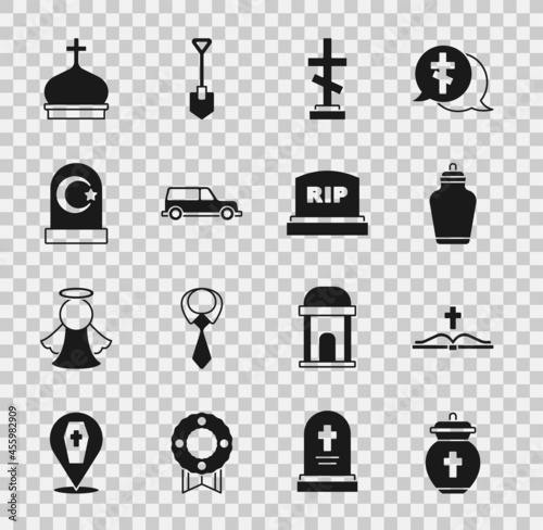 Set Funeral urn, Holy bible book, Grave with cross, Hearse car, Muslim cemetery, Church tower and Tombstone RIP written icon. Vector