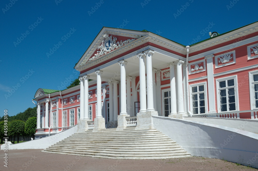 Moscow, Russia - June 17, 2021: The palace of Count Sheremetev in the Kuskovo estate