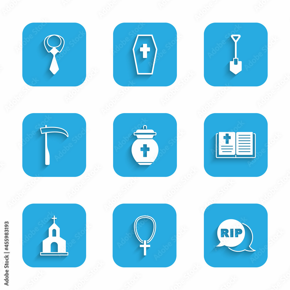Set Funeral urn, Christian cross on chain, Speech bubble rip death, Holy bible book, Church building, Scythe, Shovel and Tie icon. Vector Set Funeral urn, Christian cross on chain, Speech bubble rip death, Holy bible book, Church building, Scythe, Shovel and Tie icon. Vector