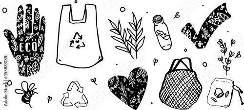 eco set, Web, zero waste, vegan, eco, шоппер, экология, авоська, природа, растения, вектор, vector, stickers 