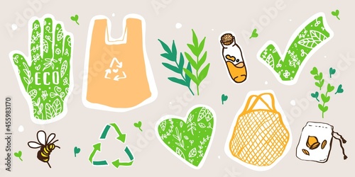 Webeco set, Web, zero waste, vegan, eco, шоппер, экология, авоська, природа, растения, вектор, vector, stickers 