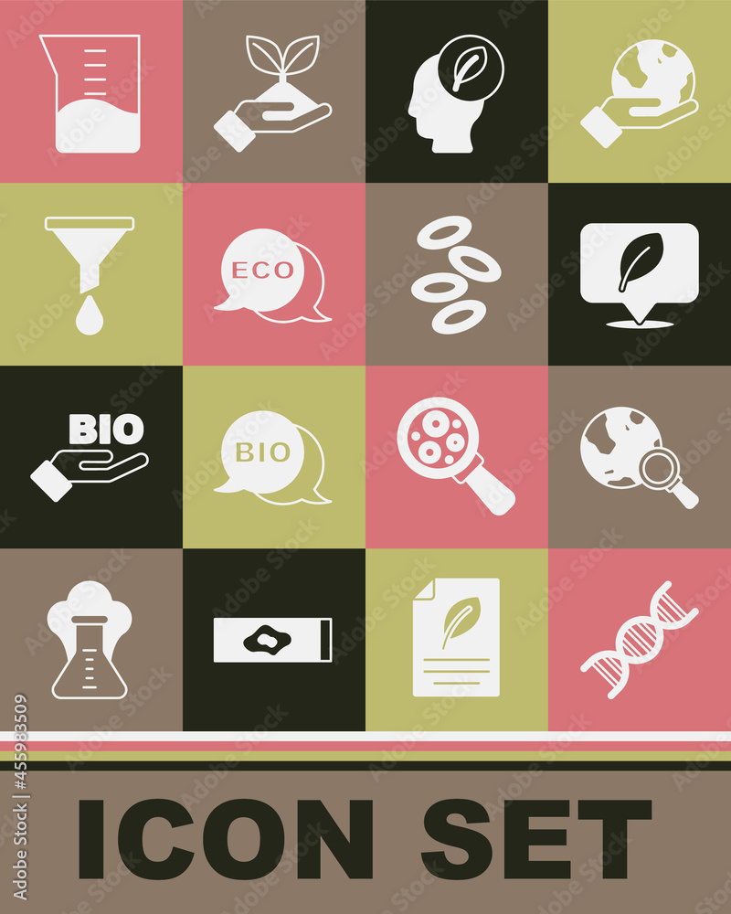 Set DNA symbol, Magnifying glass with globe, Location leaf, Human head inside, Label for eco healthy food, Funnel filter, Laboratory glassware beaker and Hemoglobin icon. Vector Set DNA symbol, Magnifying glass with globe, Location leaf, Human head inside, Label for eco healthy food, Funnel filter, Laboratory glassware beaker and Hemoglobin icon. Vector