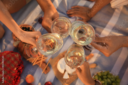 Group of friends having picnic on blanket, top view