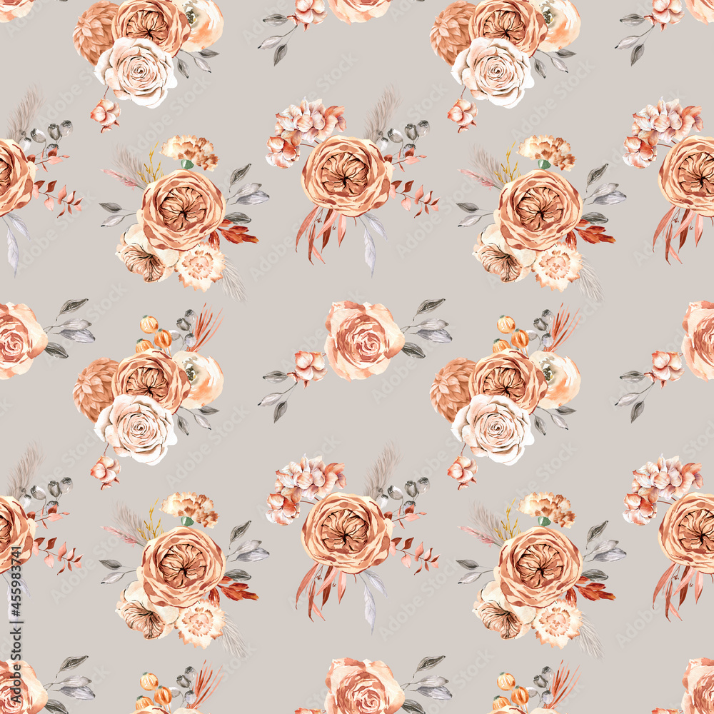 Watercolour boho seamless pattern for fabric, beige and dusty pink ...