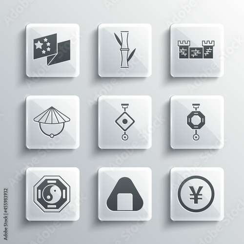 Set Sushi, Chinese Yuan currency, paper lantern, Yin Yang, conical straw hat, China flag and Great wall of icon. Vector