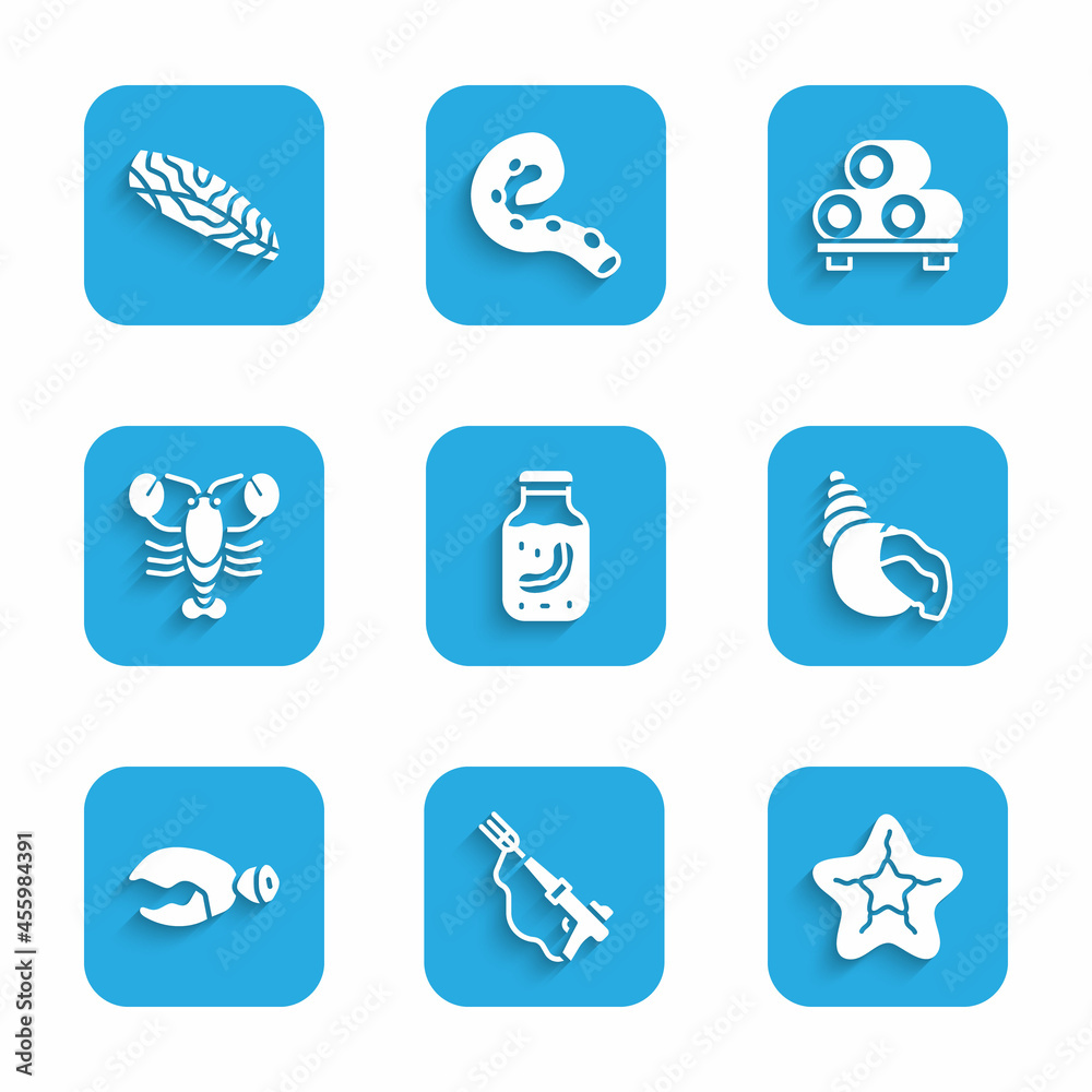 Set Sea cucumber in jar, Fishing harpoon, Starfish, Scallop sea shell, Lobster or crab claw, Sushi cutting board and steak icon. Vector Set Sea cucumber in jar, Fishing harpoon, Starfish, Scallop sea shell, Lobster or crab claw, Sushi cutting board and steak icon. Vector