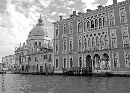 Monochrome Image of the Grand Canal with Basilica of Saint Mary of Health in Venice, Italy