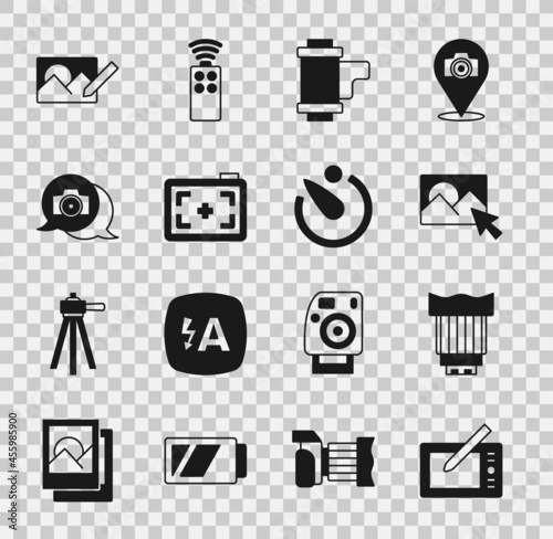 Set Graphic tablet, Camera photo lens, Photo retouching, roll cartridge, camera, and timer icon. Vector