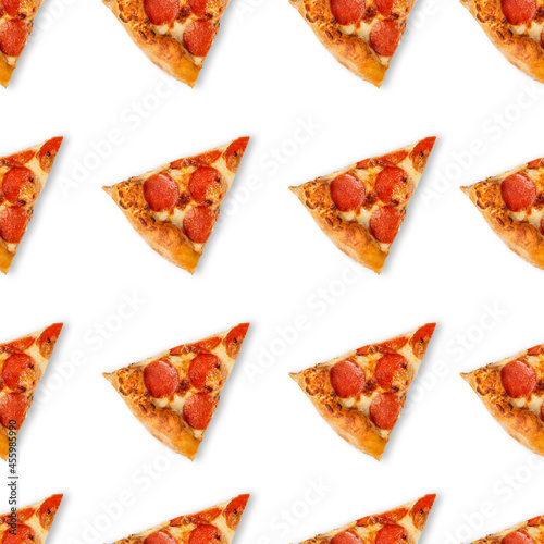 Seamless slice or piece of pizza pattern isolated on white background. Top view on paperoni pizza food background.