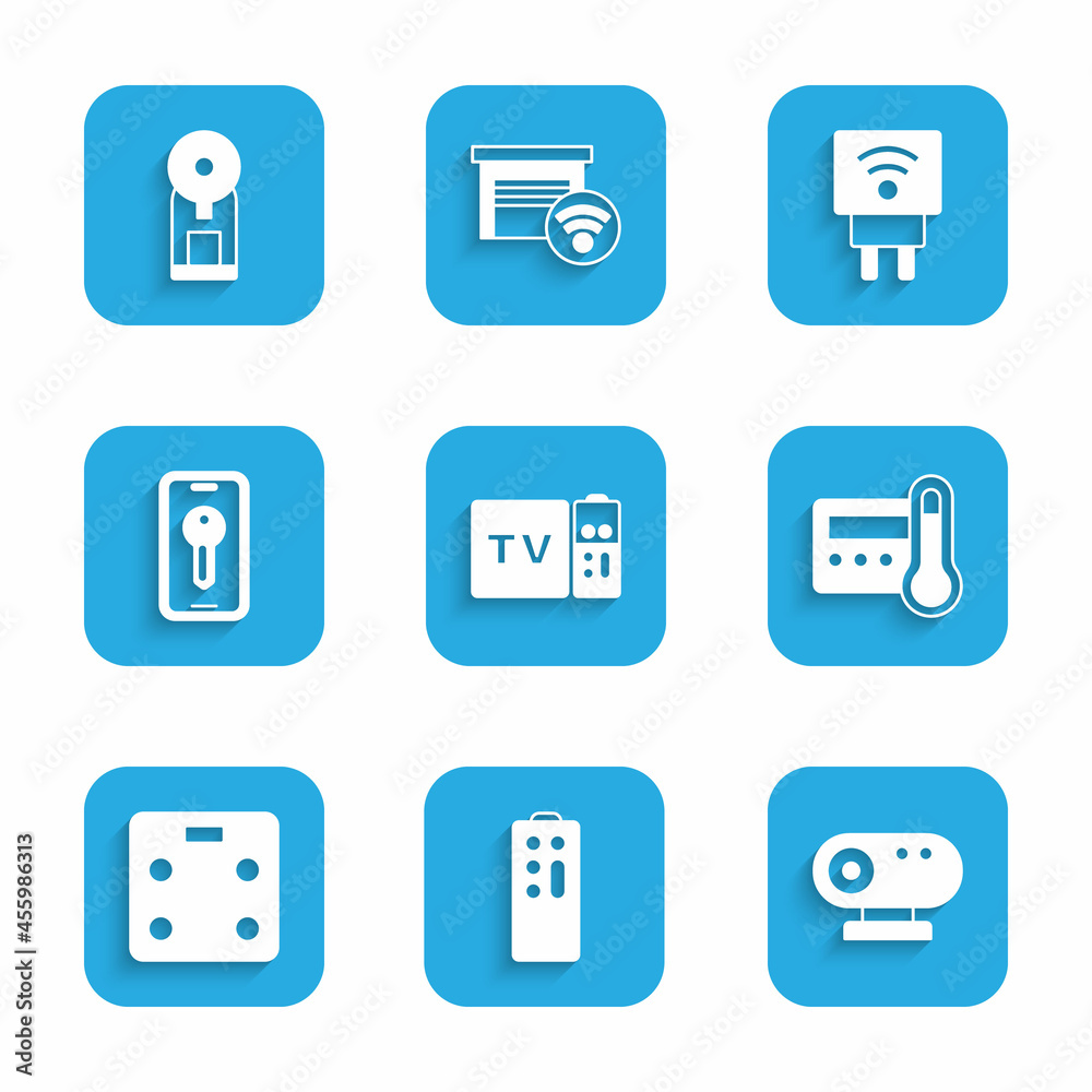 Set Multimedia and TV box receiver, Remote control, Web camera, Thermostat, Smart bathroom scales, key, electric plug and coffee machine icon. Vector