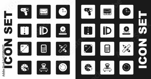 Set Radius, Protractor and ruler, Depth measurement, Digital thermometer, Diameter, Measuring instrument, Crossed pencil and Diagonal measuring icon. Vector