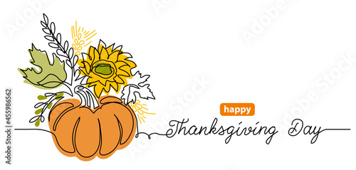 Thanksgiving Day one line art background with pumpkin vegetable composition. Simple vector greating background, banner, poster. Continuous line drawing with lettering happy Thanksgiving Day