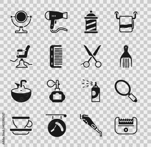 Set Electrical hair clipper, Hand mirror, Barrette, Barber shop pole, Hairbrush, Barbershop chair, Round makeup and Scissors hairdresser icon. Vector