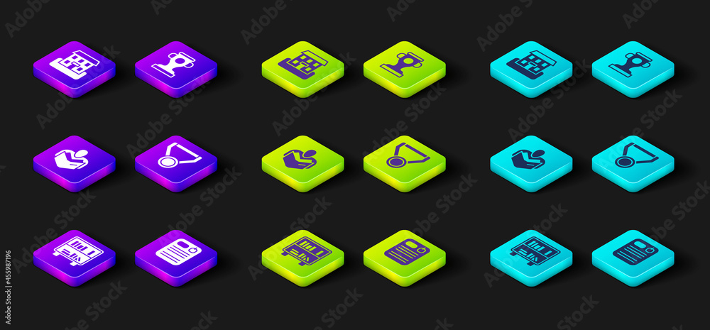 Set Shelf with books, Dossier folder, Man reading, Medal, Award cup and School building icon. Vector Set Shelf with books, Dossier folder, Man reading, Medal, Award cup and School building icon. Vector