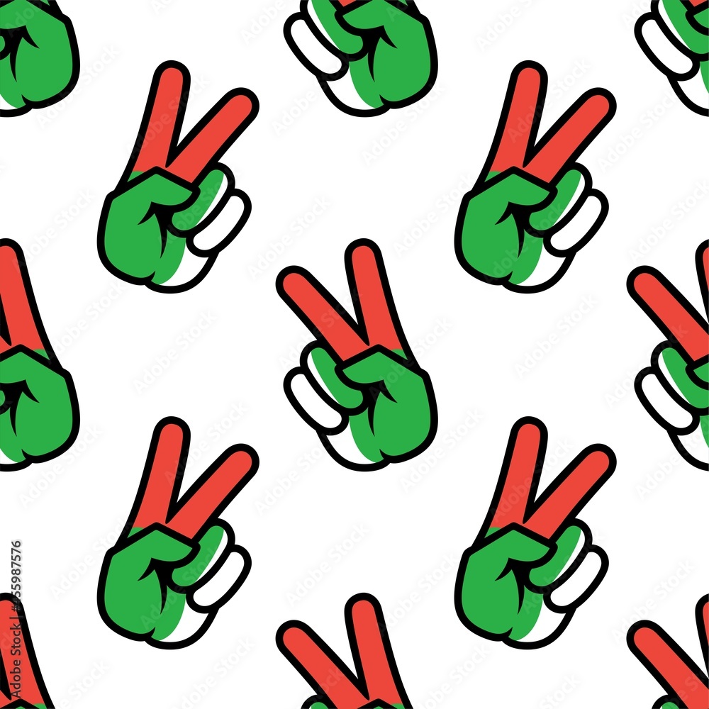 Fototapeta premium Madagascar flag in the form of a peace sign. Seamless background. Gesture V victory sign, patriotic sign, icon for apps, websites, T-shirts, souvenirs, etc., isolated on white background